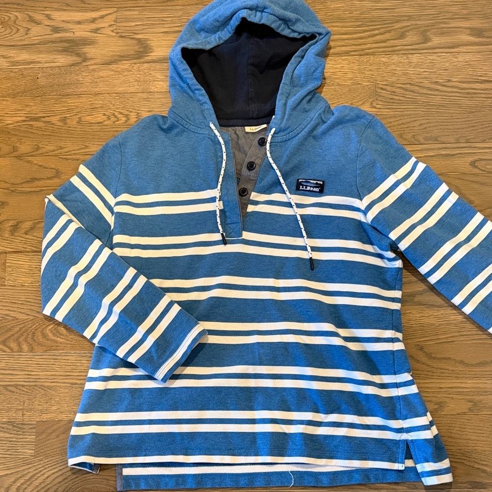L.L.Bean Blue and White Striped Hooded Henley Pullover